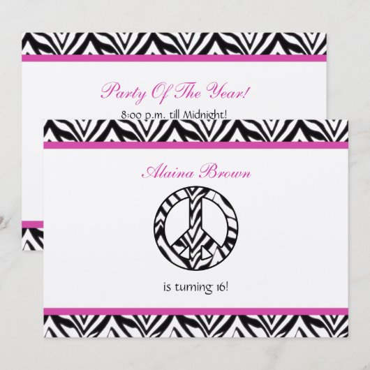 Zebra Print Vredesteken Verjaardagsfeest Uitnodigi Kaart (Voorkant / Achterkant)