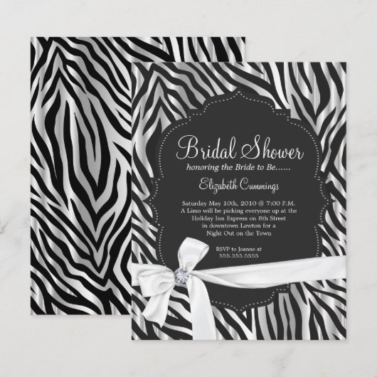 Zebra Print White Ribbon & Diamond Mode Bridal Kaart (Voorkant / Achterkant)