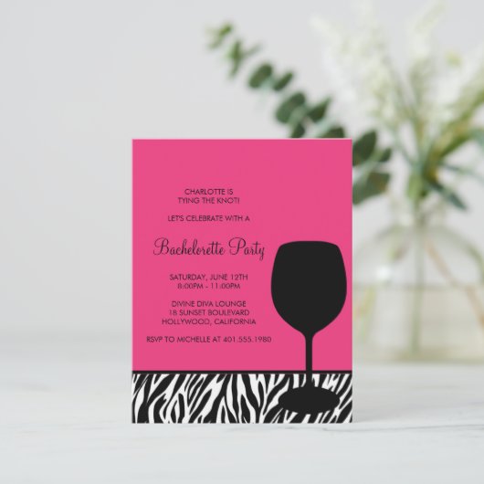 zebra print wine bachelorette kaart (Staand voorkant)