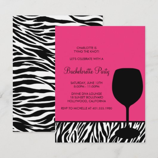 zebra print wine bachelorette kaart (Voorkant / Achterkant)