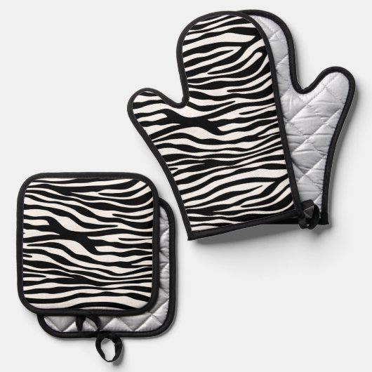 Zebra Print, Zebra Stripes, zwart en wit Ovenwant & Pannenlap Set (Voorkant / Achterkant)