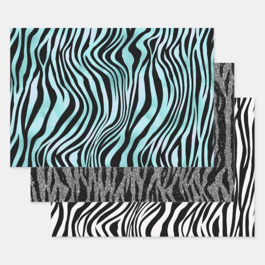 Zebra Print Zwart en Blauwgroen Turquoise en Wit Inpakpapier Vel (Set)