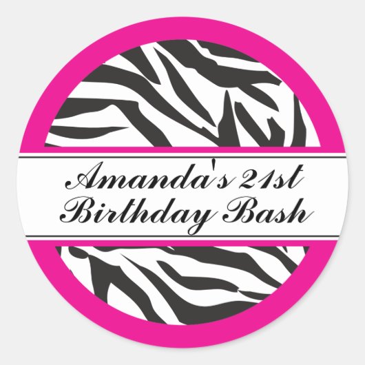 Zebra Print Zwart en Hot Pink Ronde Sticker (Voorkant)