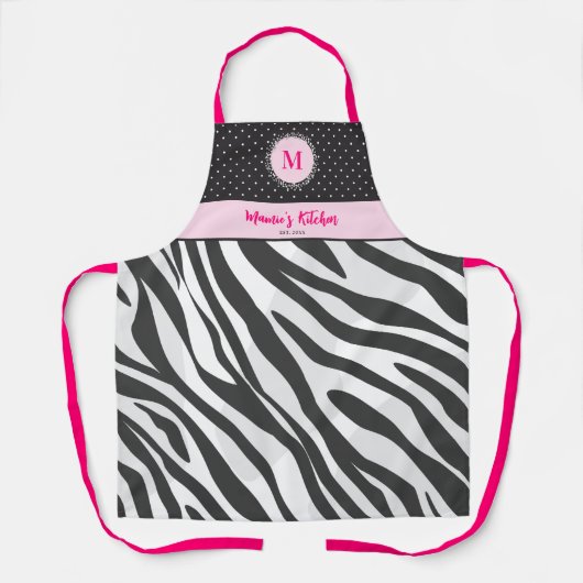 Zebra Print Zwart Wit Heet Roze Monogram Gift Schort (Voorkant)