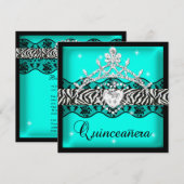 Zebra Quinceanera 15e Blauwgroen kant van de Birth Kaart (Voorkant / Achterkant)