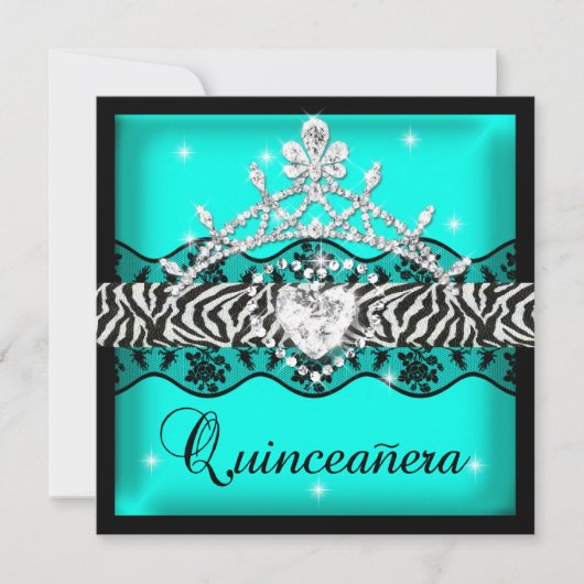 Zebra Quinceanera 15e Blauwgroen kant van de Birth Kaart (Voorkant)