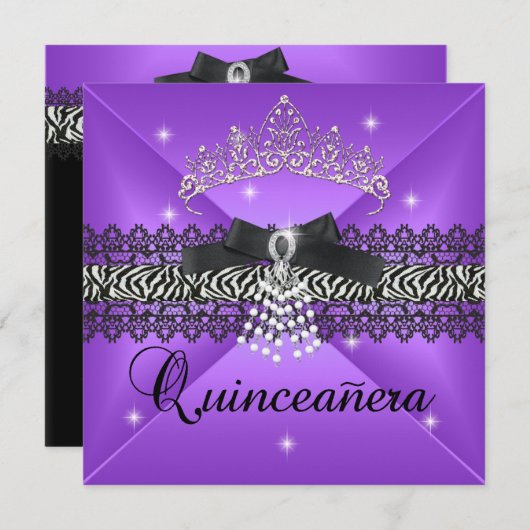 Zebra Quinceanera 15e Verjaardagsfeest Paarse Zwar Kaart (Voorkant / Achterkant)