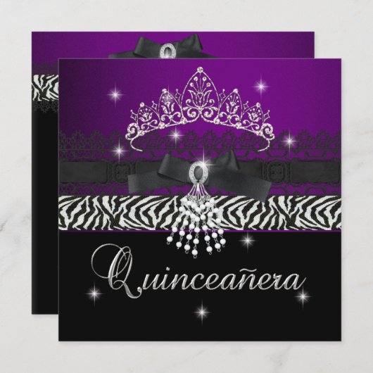 Zebra Quinceanera 15e Verjaardagsfeest Paarse Zwar Kaart (Voorkant / Achterkant)