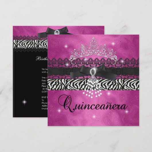 Zebra Quinceanera 15e Verjaardagsfeest Roze Zwart Kaart (Voorkant / Achterkant)