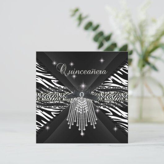 Zebra Quinceanera 15e Witte Zwarte Zebra Kant 3 Kaart (Staand voorkant)
