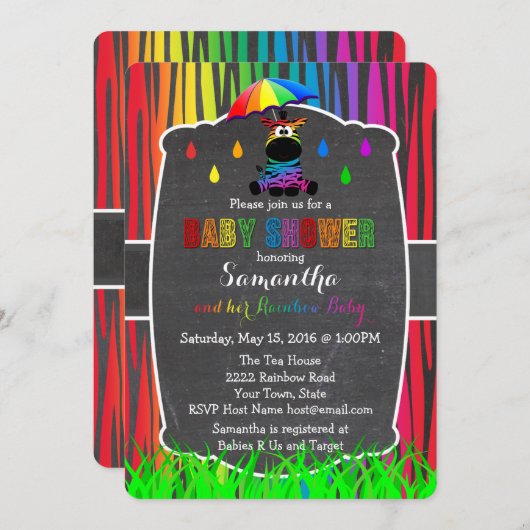 Zebra Rainbow Baby shower Invitation Kaart (Voorkant / Achterkant)