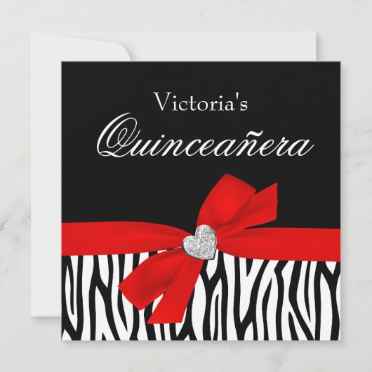 Zebra Red Bow Diamond Quinceanera Kaart (Voorkant)