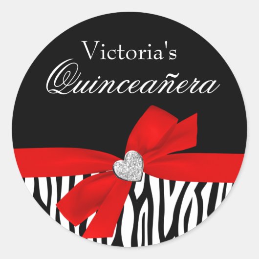 Zebra Red Bow Diamond Quinceanera Ronde Sticker (Voorkant)