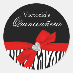 Zebra Red Bow Diamond Quinceanera Ronde Sticker