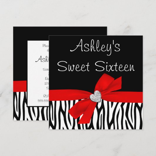 Zebra Red Bow Diamond Sweet 16 Kaart (Voorkant / Achterkant)