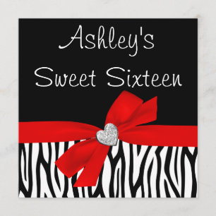 Zebra Red Bow Diamond Sweet 16 Kaart