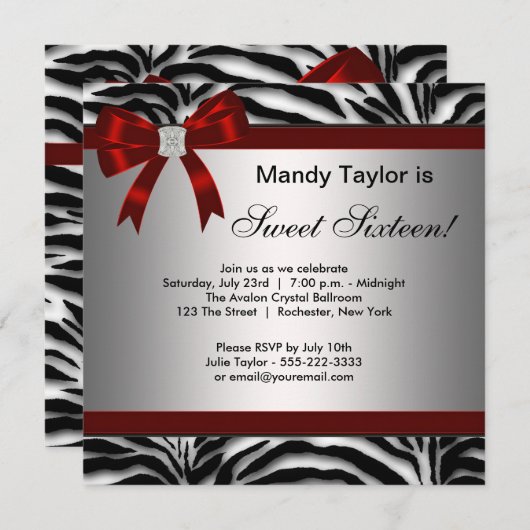 Zebra Red Bow Fancy Sweet Sixteen Kaart (Voorkant / Achterkant)