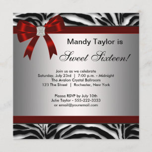 Zebra Red Bow Fancy Sweet Sixteen Kaart