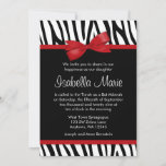 Zebra Red Printed Bow Bat Mitzvah-uitnodigingen Kaart<br><div class="desc">Een trendy zwart-wit zebrapatroon met een rode striboog is te vinden op deze leuke Bat Mitzvah-uitnodiging. Design zijn afgedrukte illustraties/afbeeldingen - NIET EIGENLIJK RIBBON.</div>