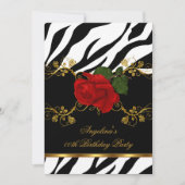 Zebra Red Roses Black White Gold Birthday Party Kaart (Voorkant)