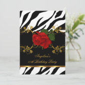 Zebra Red Roses Black White Gold Birthday Party Kaart (Staand voorkant)