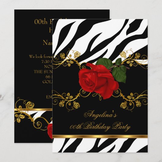 Zebra Red Roses Black White Gold Birthday Party Kaart (Voorkant / Achterkant)