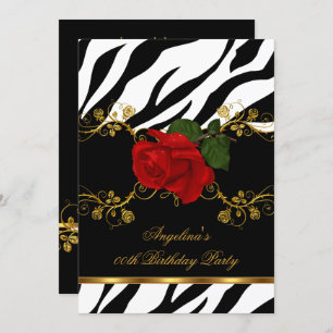 Zebra Red Roses Black White Gold Birthday Party Kaart
