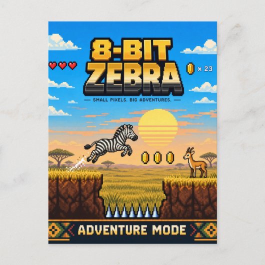 Zebra, Retro 8-Bit Pixelkunst Briefkaart (Voorkant)