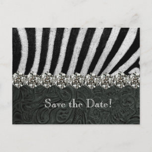 Zebra Rhinestone Black Leather Save the Date Aankondigingskaart