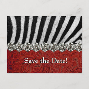 Zebra Rhinestone Red Leather Save the Date Aankondigingskaart