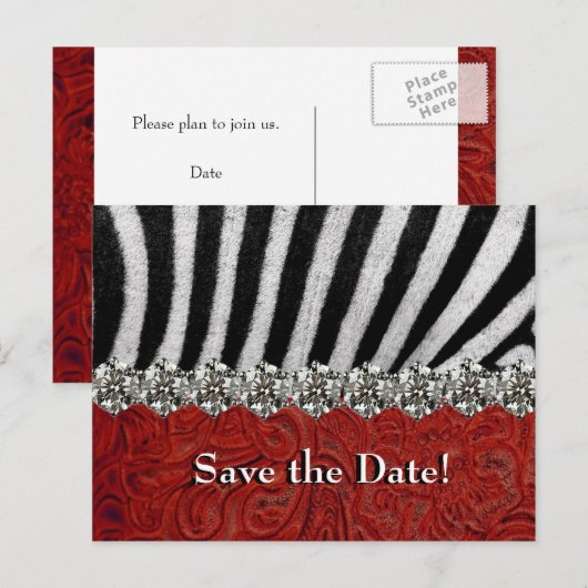 Zebra Rhinestone Red Leather Save the Date Aankondigingskaart (Voorkant / Achterkant)