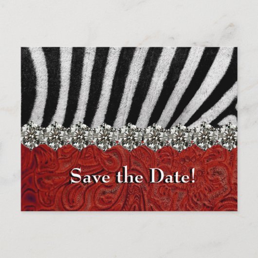 Zebra Rhinestone Red Leather Save the Date Aankondigingskaart (Voorkant)