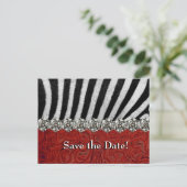 Zebra Rhinestone Red Leather Save the Date Aankondigingskaart (Staand voorkant)