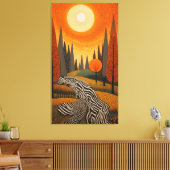 Zebra River: Dot Art Sunset in the Wild Canvas Afdruk (Insitu (Woonkamer))