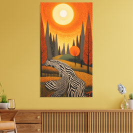 Zebra River: Dot Art Sunset in the Wild Canvas Afdruk
