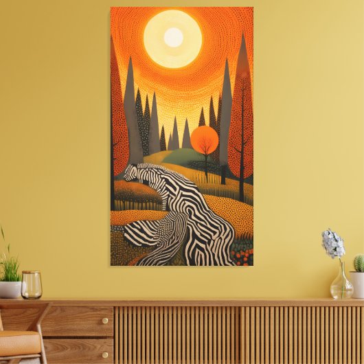 Zebra River: Dot Art Sunset in the Wild Canvas Afdruk (Insitu (Woonkamer))