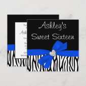 Zebra Royal Blue Bow Diamond Sweet 16 Uitnodiginge Kaart (Voorkant / Achterkant)