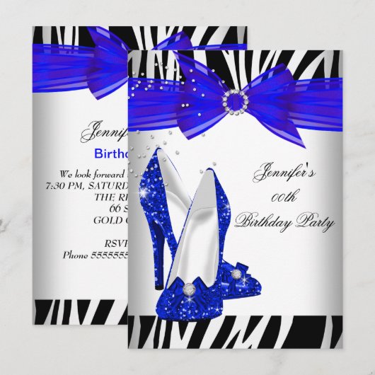 Zebra Royal Blue High Hiel Black Birthday Party Kaart (Voorkant / Achterkant)