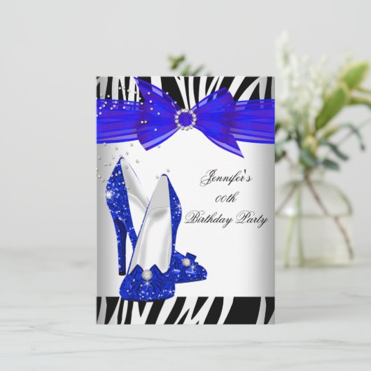 Zebra Royal Blue High Hiel Black Birthday Party Kaart (Staand voorkant)