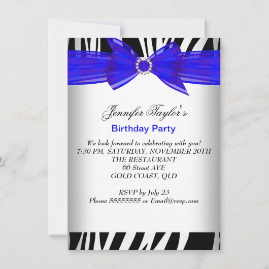 Zebra Royal Blue High Hiel Black Birthday Party Kaart (Achterkant)