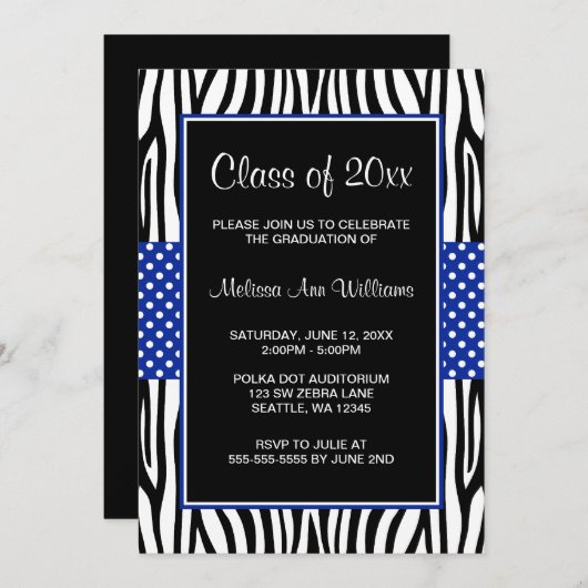 Zebra Royal Blue Polka Dot Afstuderen kondiging Kaart (Voorkant / Achterkant)