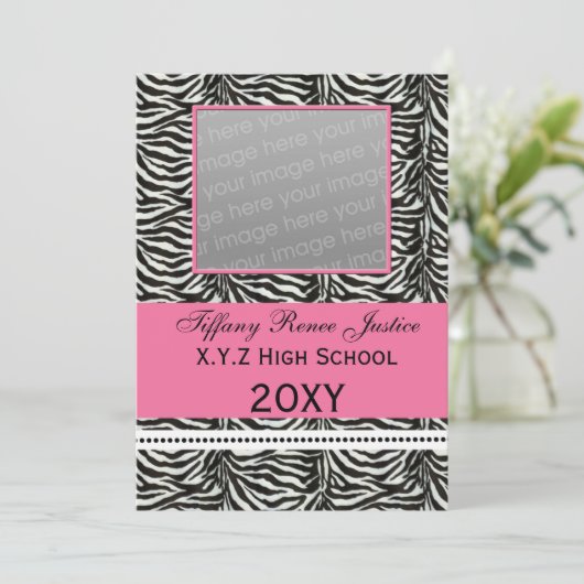 zebra roze Afstuderen foto Uitnodiging (Staand voorkant)