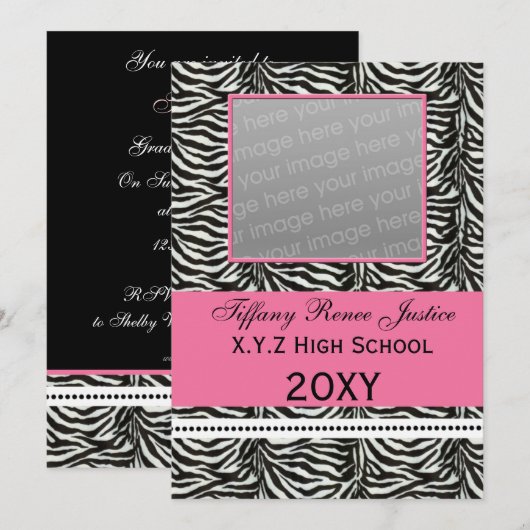 zebra roze Afstuderen foto Uitnodiging (Voorkant / Achterkant)