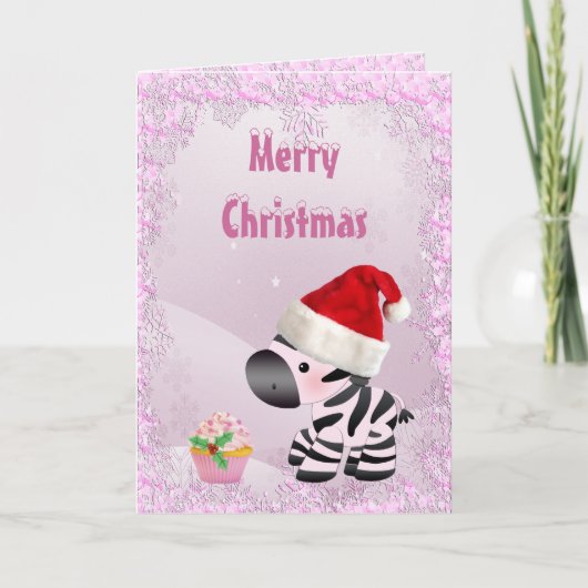 Zebra, Roze Cupcake & Sneeuw Sequins Kerst Kaart (Voorkant)