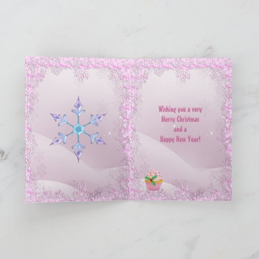 Zebra, Roze Cupcake & Sneeuw Sequins Kerst Kaart (Binnen)