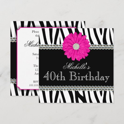 Zebra Roze Daisy Gedrukte Pareltjes 40e verjaardag Kaart (Voorkant / Achterkant)