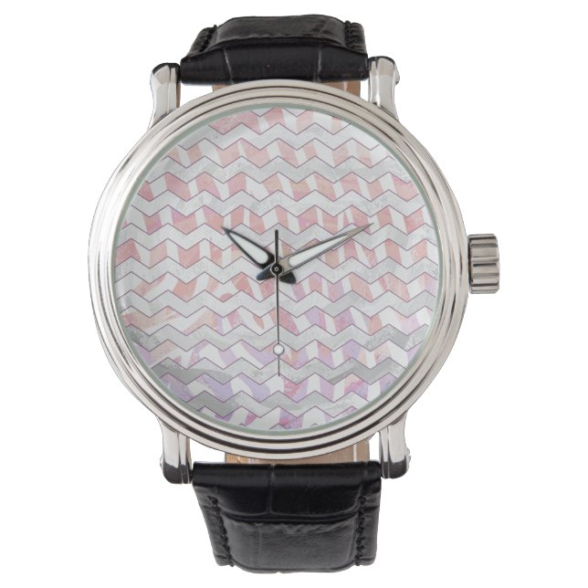 Zebra Roze en witte Chevron Horloge (Voorkant)