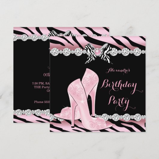 Zebra roze glamour op hoog niveau - Birthday Party Kaart (Voorkant / Achterkant)