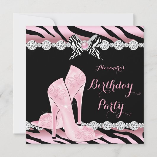 Zebra roze glamour op hoog niveau - Birthday Party Kaart (Voorkant)