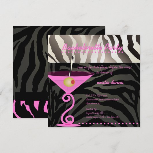 Zebra/roze martini Bachelorette Party Kaart (Voorkant / Achterkant)